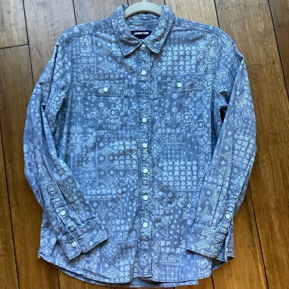 Lands End Denim Paisley Button Down 🦢❤️ - Picture 1 of 6